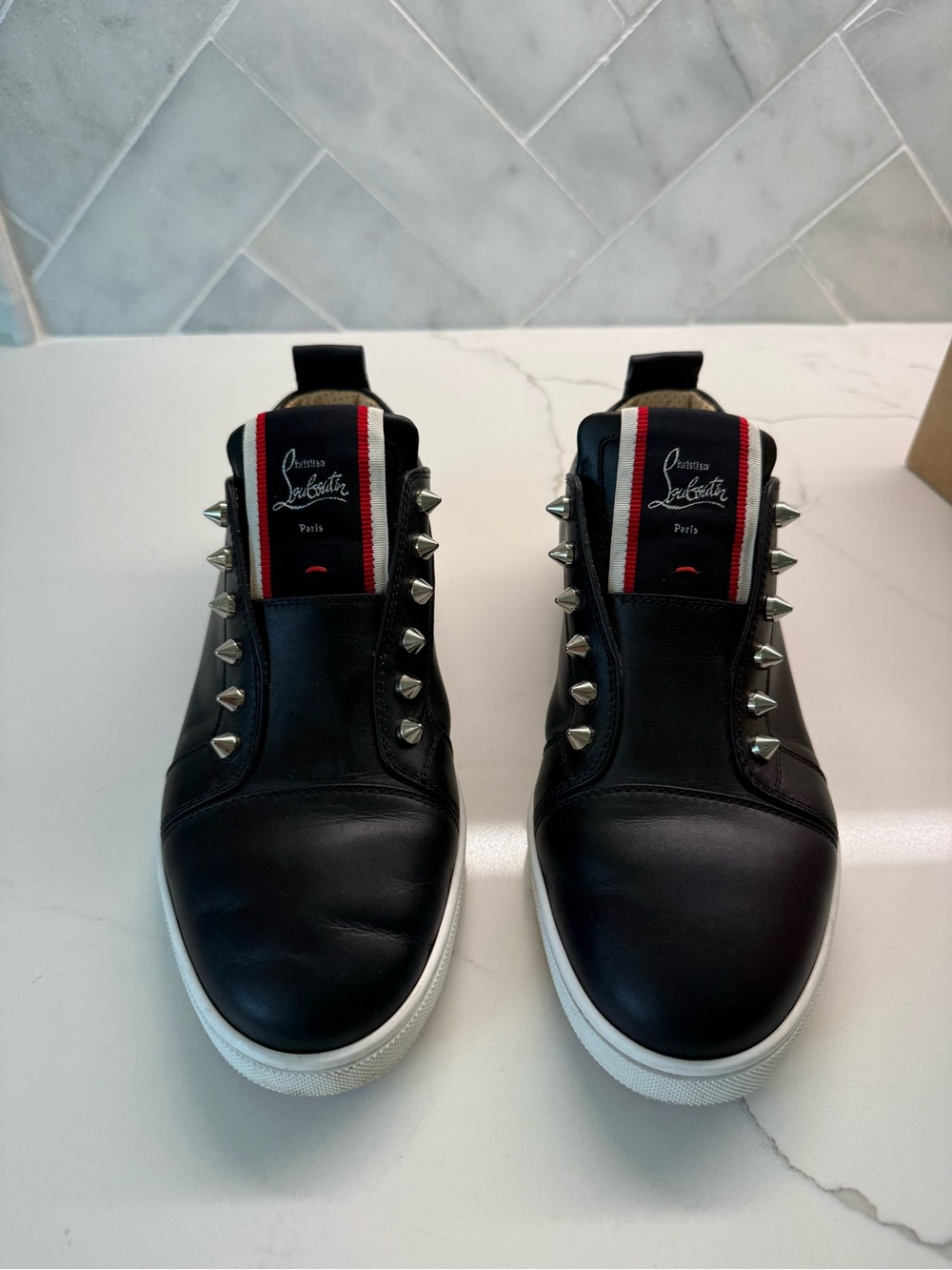Christian Louboutin Black Leather Spike-Accent Slip-On Sneakers